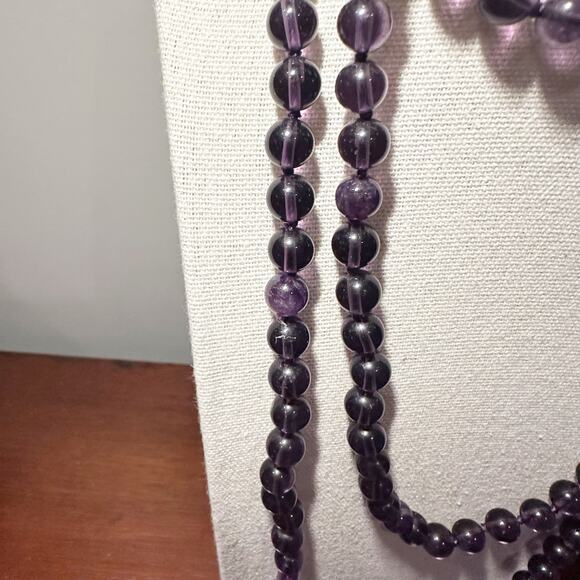 Purple Amethyst Beaded Necklace Very Long Round Beads Flat Stone Unique - Picture 9 of 12